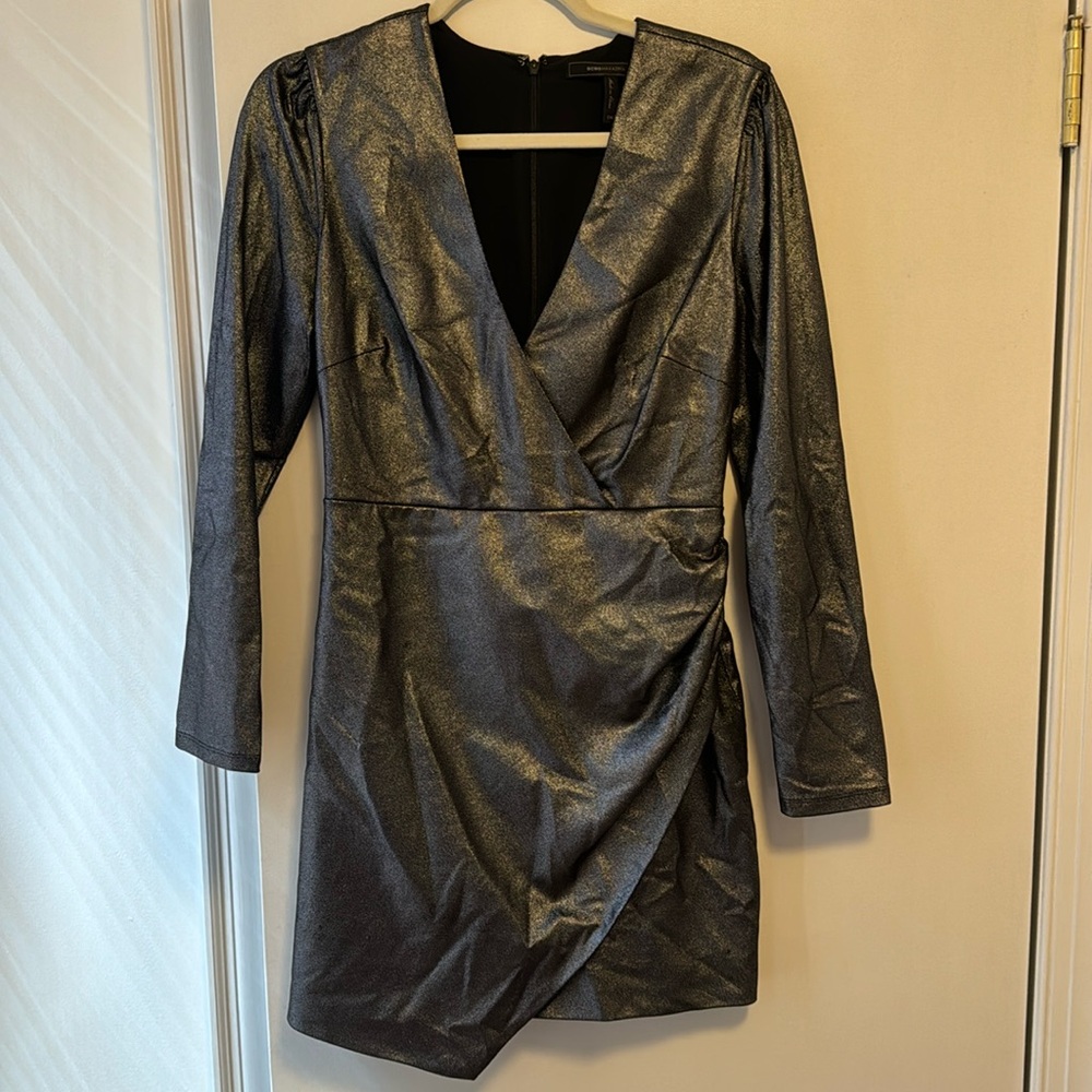 BCBG Metallic Gunmetal Gray Mini Dress